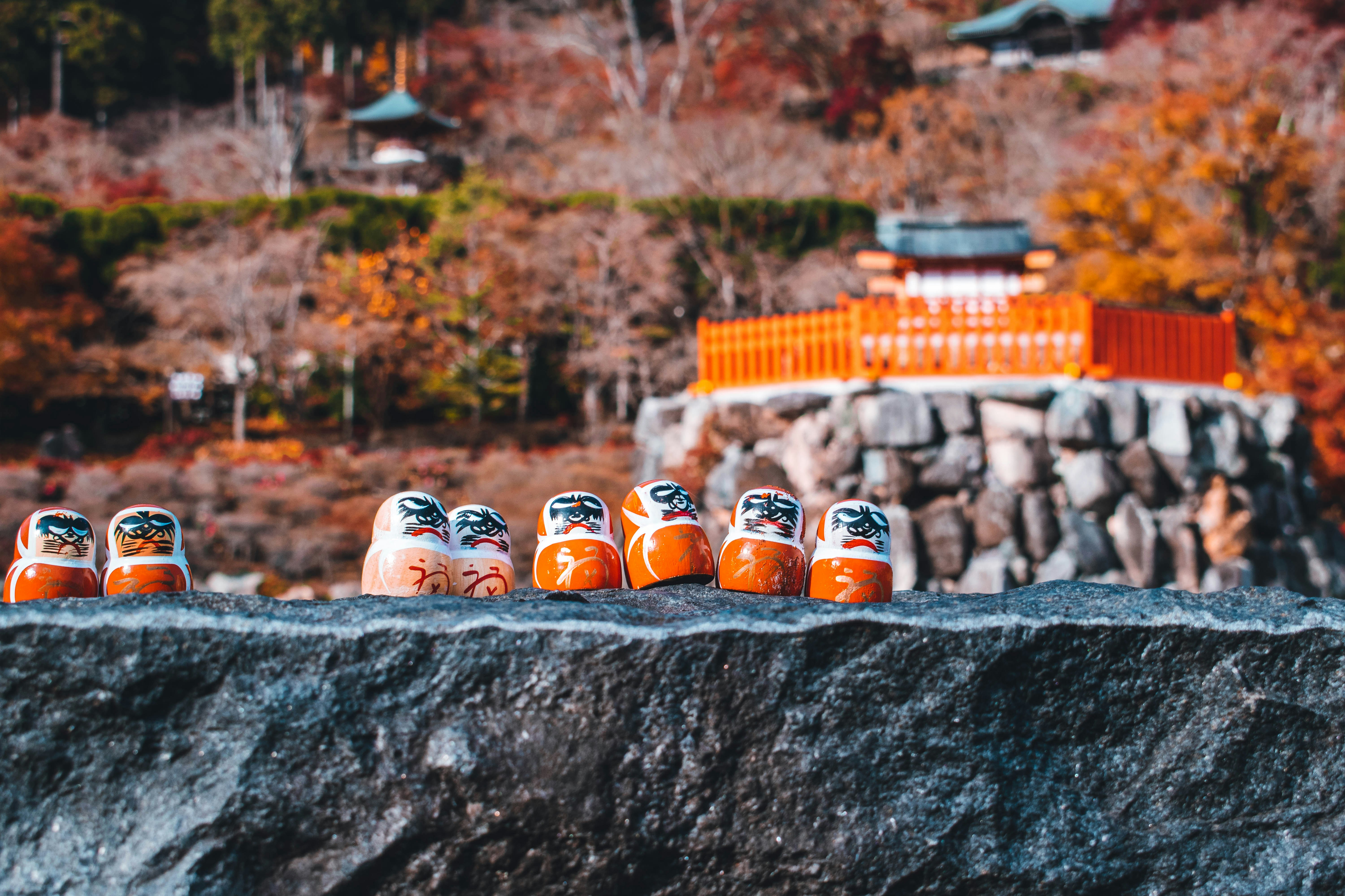 orange and white plastic bottles on gray concrete wall